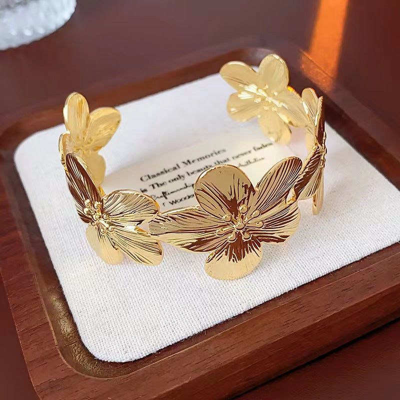 Wholesale wide hammered pleated golden bracelet