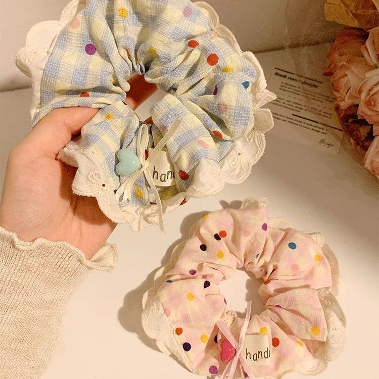 Wholesale Heavy  Color Wave Dot Plaid   Lace  Fabric Hair Scrunchies