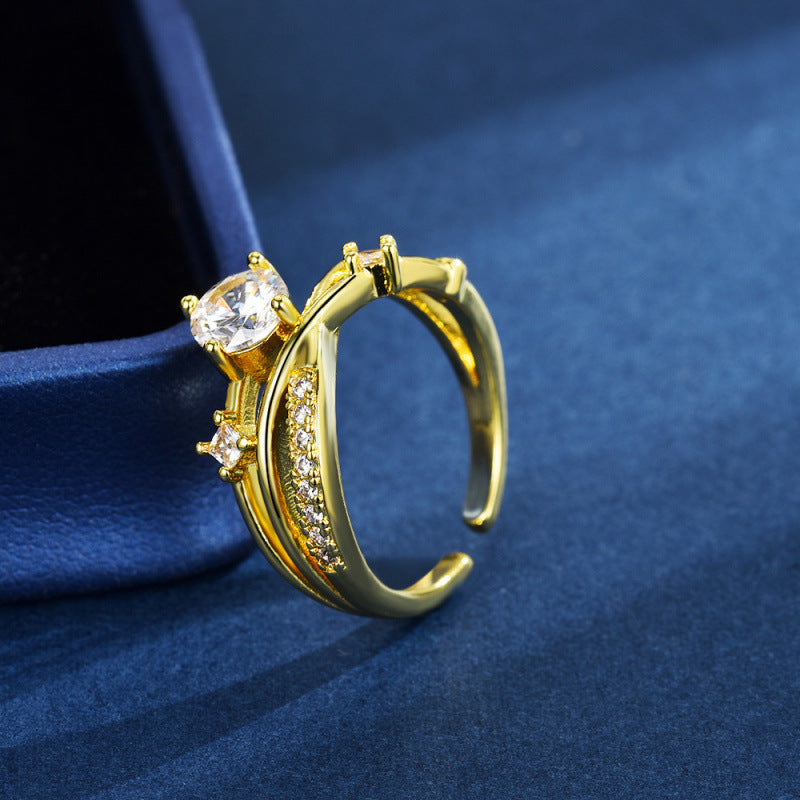 Wholesale Golden Cosmic Planet Trajectory Flashing Diamond Cross Geometric Open Ring