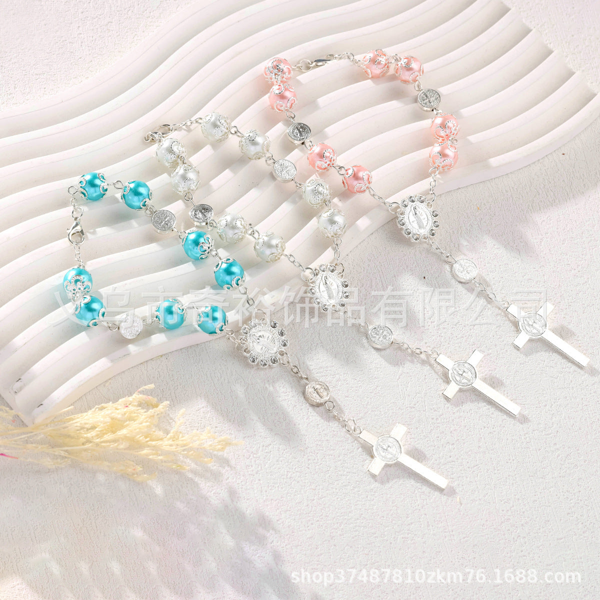 Wholesale 10mm glass pearl cross blessing beaded bracelet