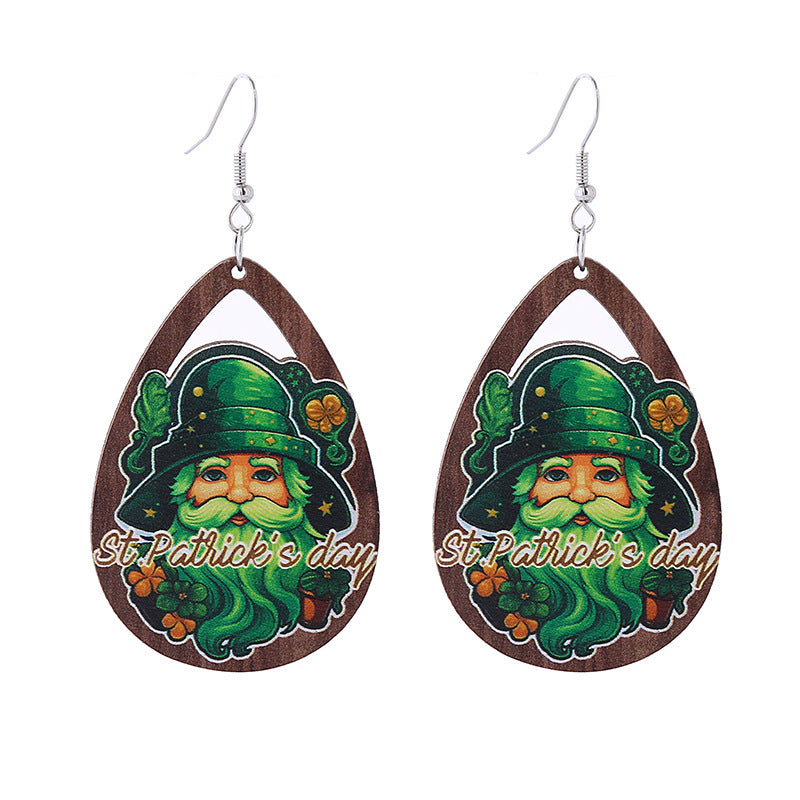 Wholesale St. Parcret festival Green lucky grass rainbow hat beard Irish wooden earrings