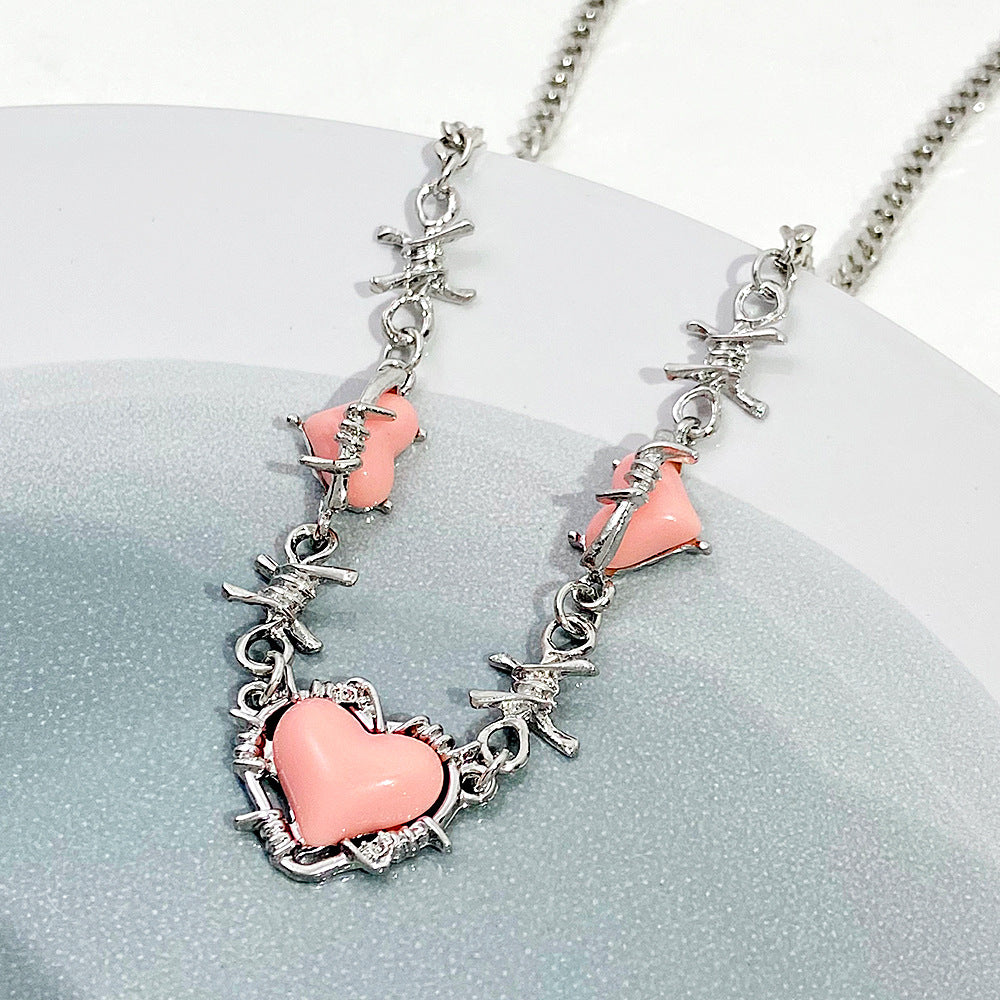 Wholesale Puffed Heart Pink Sweet Cool Style Niche Thorn Hot Girl Light Luxury Clavicle Chain Necklace
