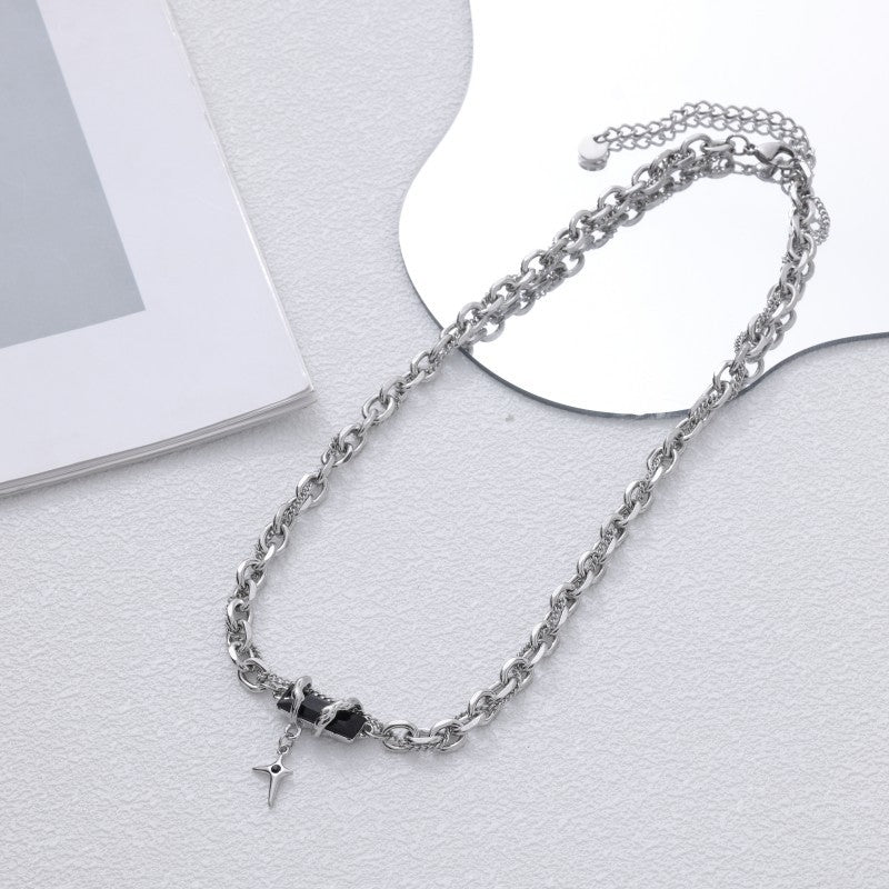 Wholesale multi-layer winding black sapphire cross titanium steel necklace