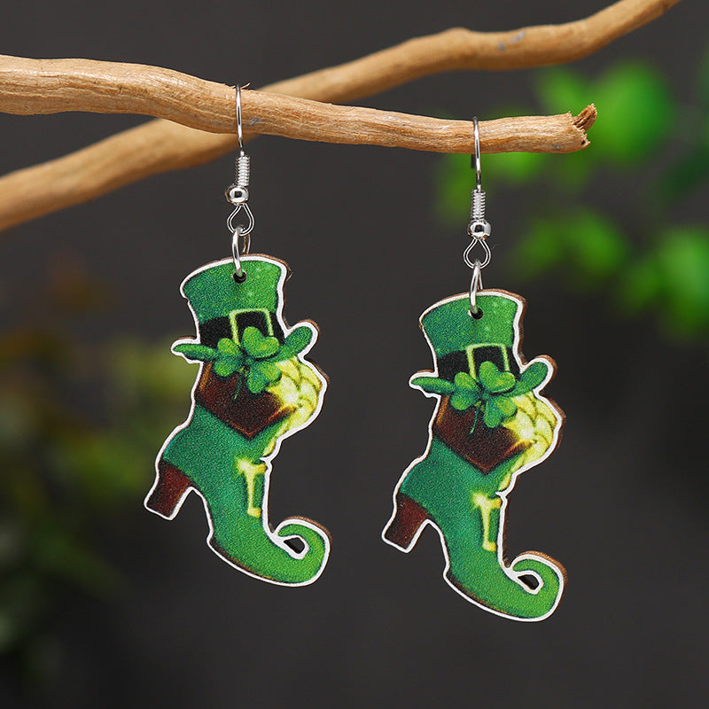 Wholesale Patrick's Day Four Leaf Clover Heart Owl Wooden Earrings