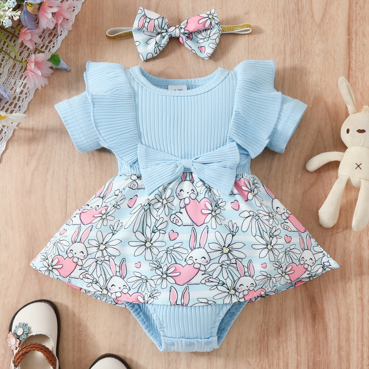 Wholesale Easter Cotton Baby One Piece Rabbit Ripple Bow Dress