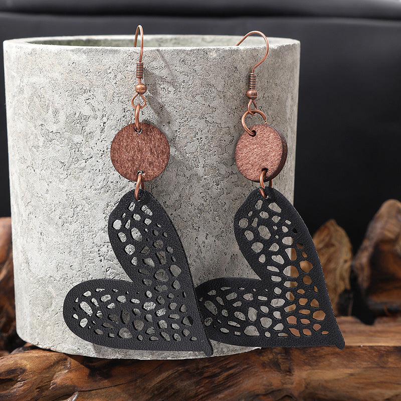 Wholesale  Valentine' s Day Love Wood Pieces Hollow Mesh Leather  Earrings