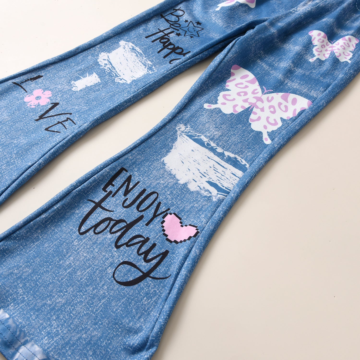 Wholesale Cotton High Neck Knitted Long Sleeve Top Faux Denim Flare Pants Suit