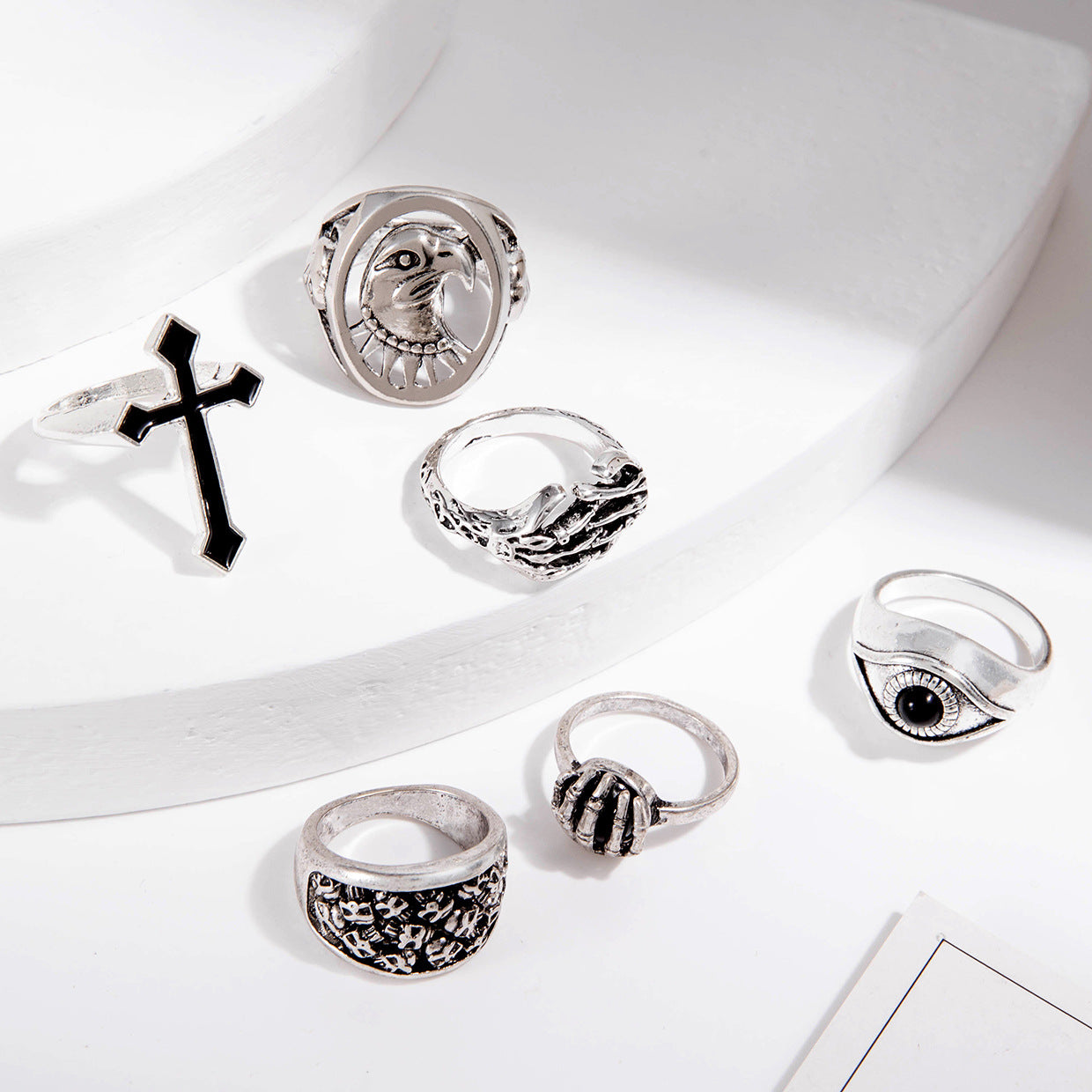 Wholesale Punk style cross skull ring set