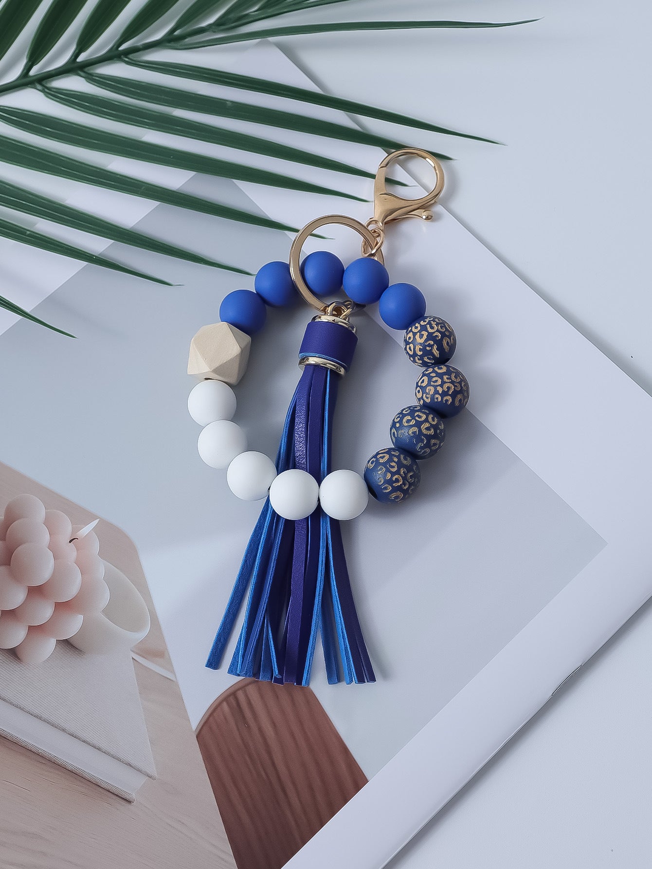 Wholesale Printed wooden bead bracelet with tassel wrist keychain