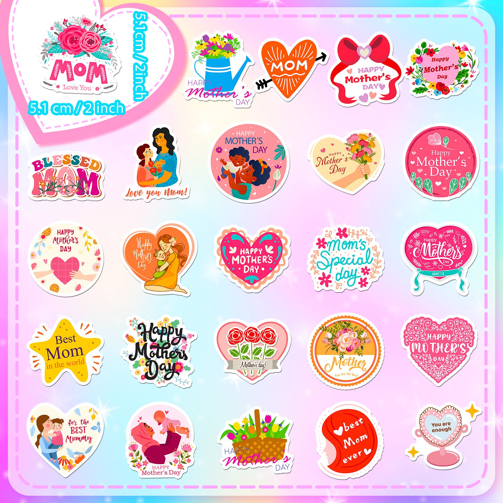 Wholesale 50pcs I LOVE YOU MOM Stickers Happy Mother's Day Mom Flower Bouquet Baking Cake Label Stickers