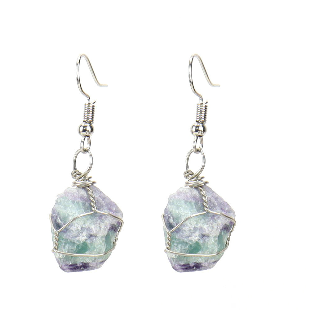 Wholesale New Handmade Silver Wound Natural Rough Crystal Agate Tourmaline Earrings