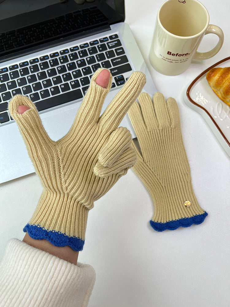 Wholesale Winter Warm Knitted Five-finger Touch Screen Lace Contrasting Color Woolen Gloves