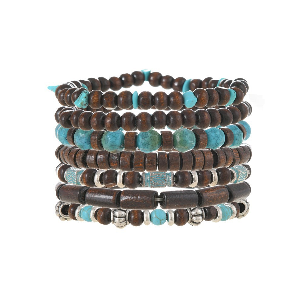 Wholesale Vintage wooden and stone beaded 7-piece bracelet