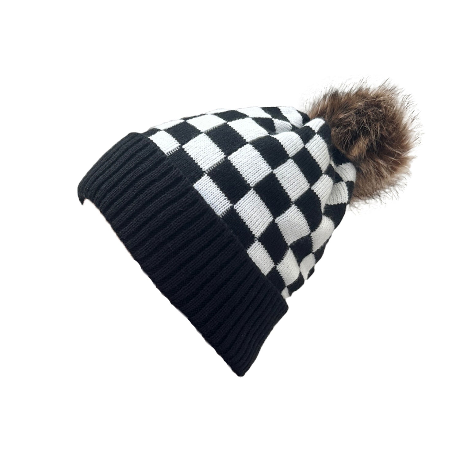 Wholesale Black and Red Plaid Fur Ball Wool Hat To Prevent Cold and Warm Knitted Hat