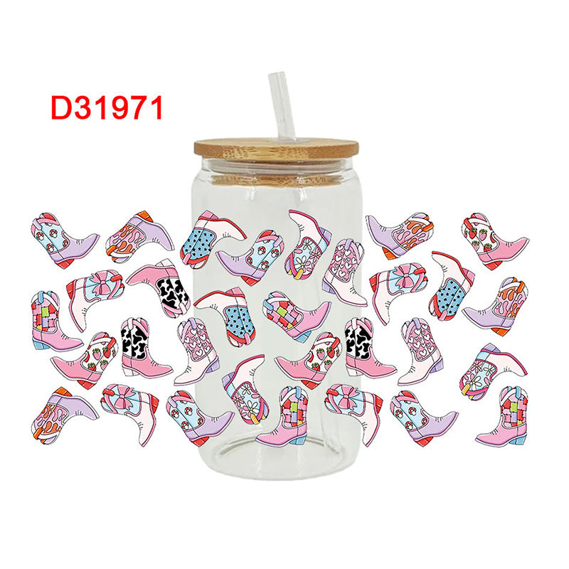 Wholesale Western style cow head boots sunflower  16oz Cup UV DTF Wraps