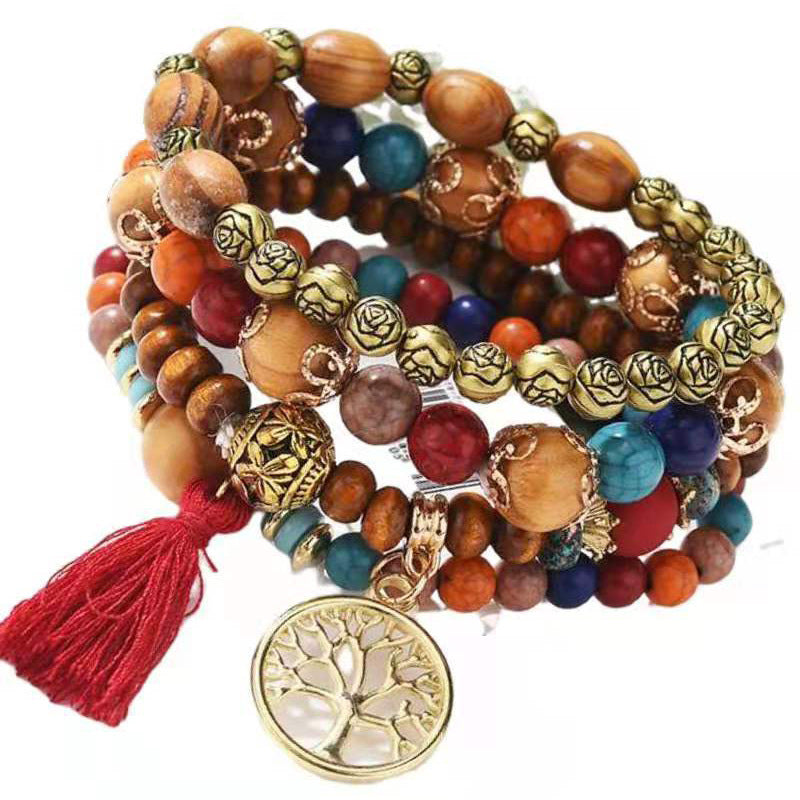 Wholesale Bohemian Creative Tassel Multi layer Wood Ethnic Style Fashion Bracelet