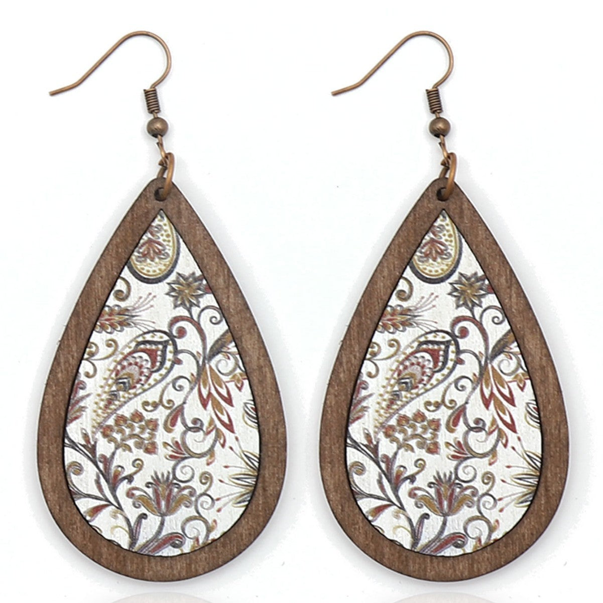 Wholesale Wind Drop Shape Wooden Frame Printing Color Texture  Earrings