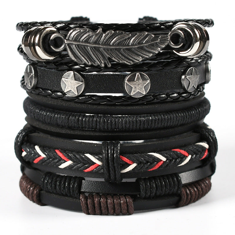 Wholesale Men's Braided Leather Bracelet Multi-layer Set Skull Bracelet