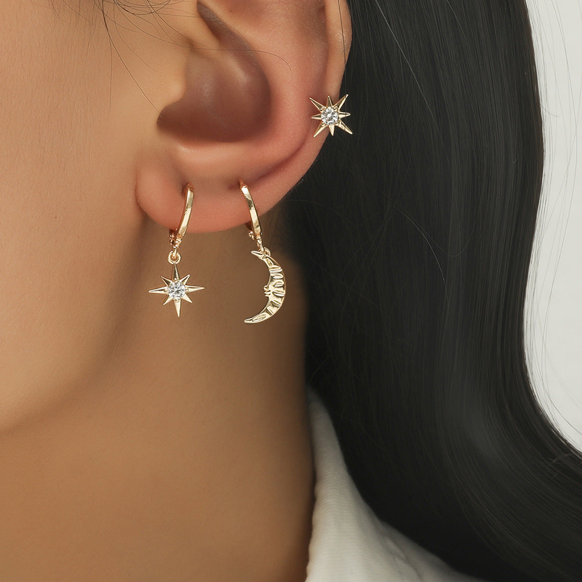 Wholesale Three piece set of asymmetrical earrings for stars and moon