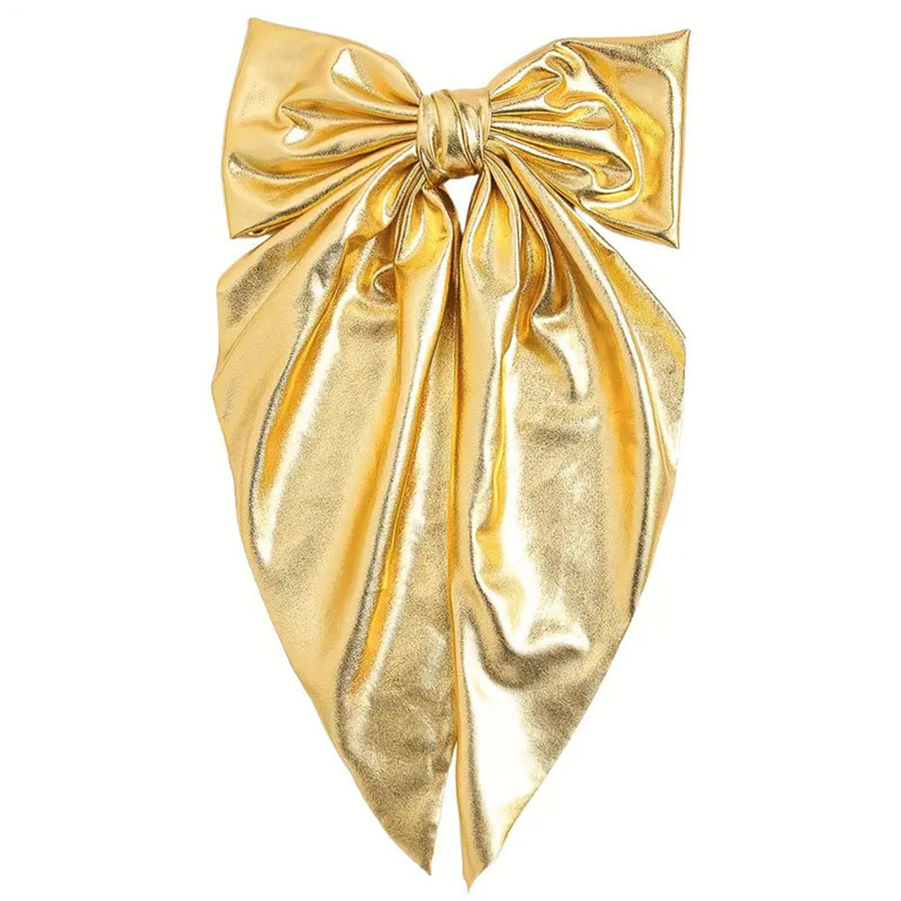 Wholesale Shiny leather bow hairpin long ribbon spring clip