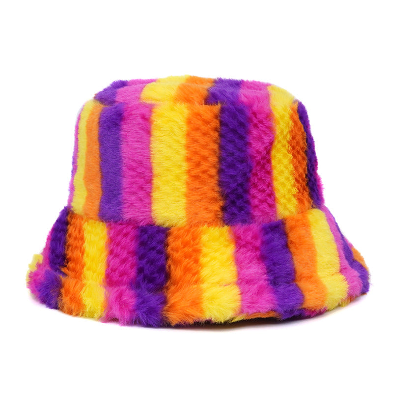 Wholesale Winter Plush Hat Colorful Stripe Printed Fisherman Hat