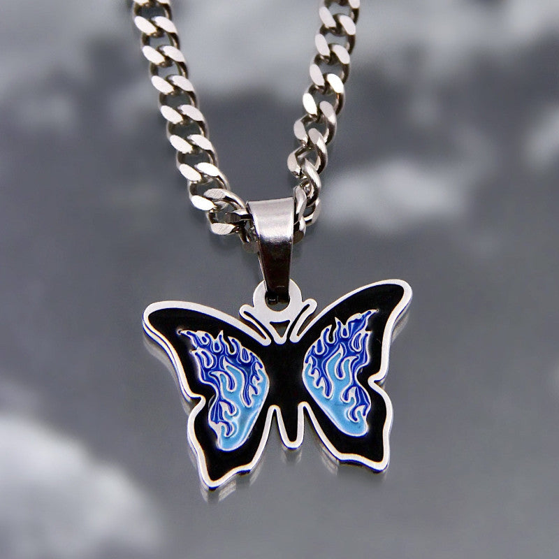 Wholesale Blue Titanium Steel Butterfly Necklaces