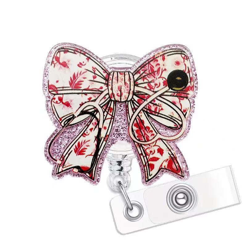 Wholesale Acrylic ID card clip with bow tie  retractable name tag holder easy-pull buckle Badge Reels