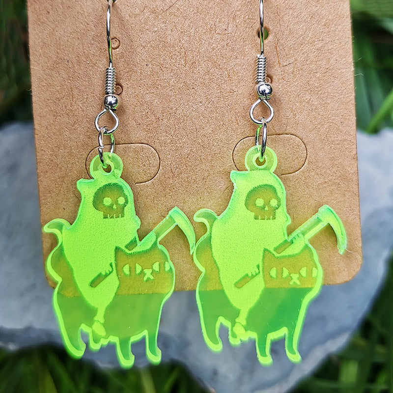 Wholesale 2pairs/pack Acrylic Halloween Wine Glass Skeleton Cat Fluorescent Green Earrings
