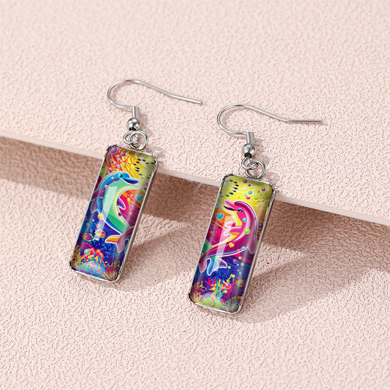 Wholesale Dolphin Time Gemstone Rectangular Glass Earrings