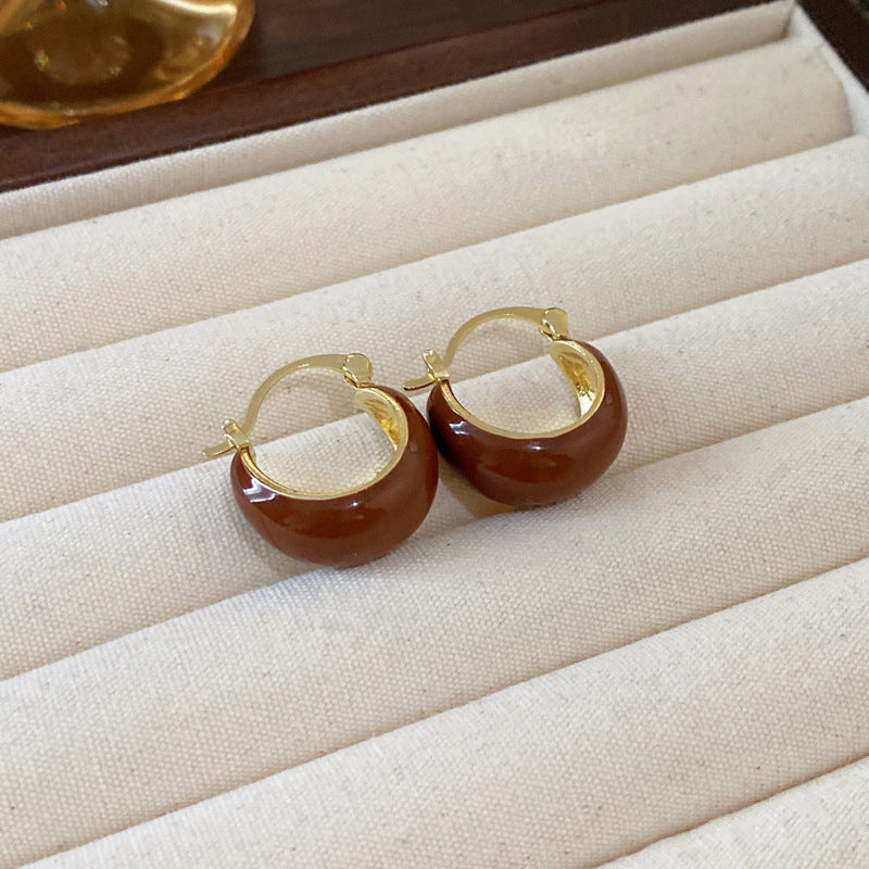 Wholesale Real Gold Electroplating Autumn and Winter Retro Fashion Temperament High-end Round Tiger Eye Stone Earrings