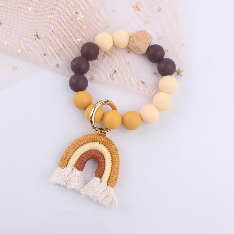 Wholesale Cartoon Colorful Rainbow Tassel Silicone Bead Wrist Keychain