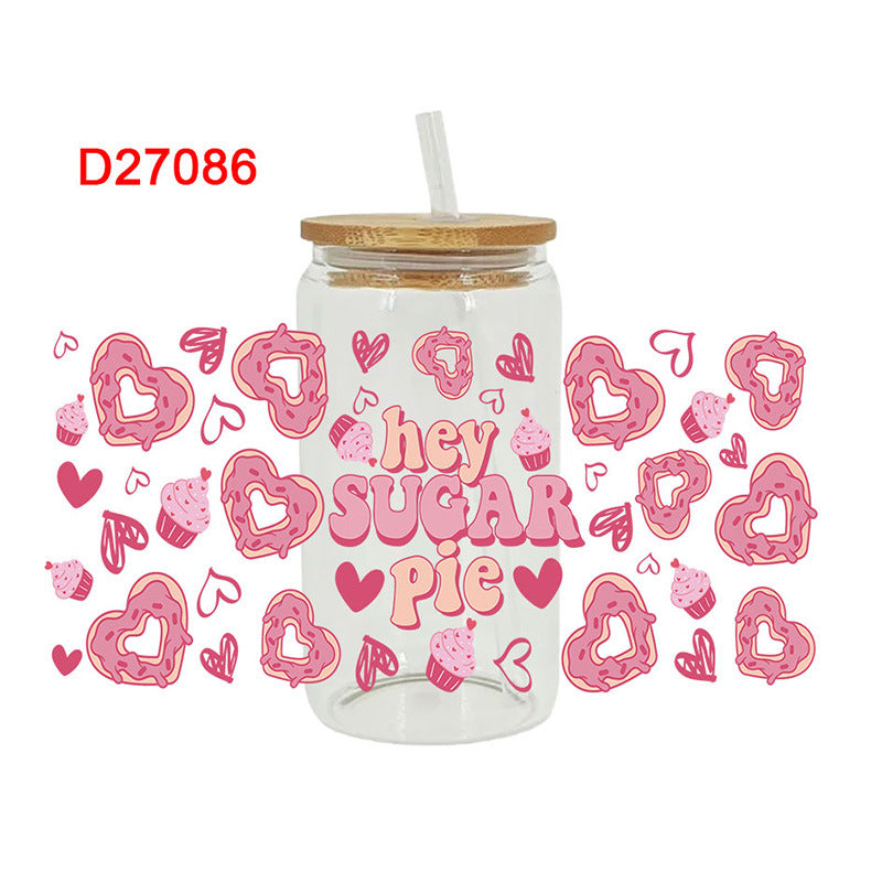 Wholesale Cartoon Cute Pink Valentine' s Day Heart 16oz Cup UV DTF Wraps