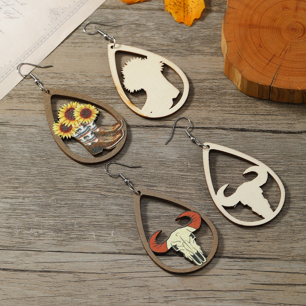 Wholesale Western Style Sunflower Bull Head Wooden Earrings