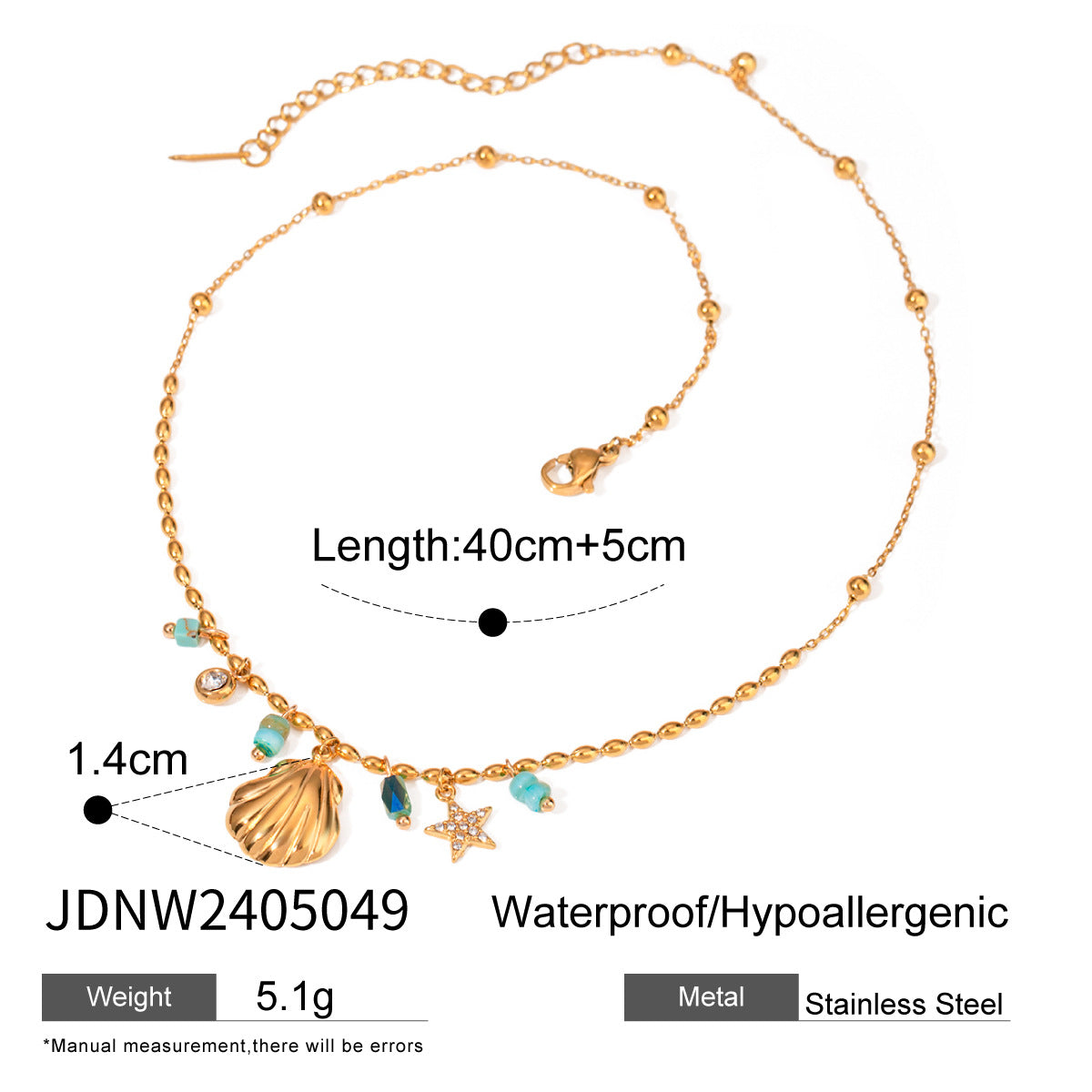 Wholesale Shell Star Inlaid Rhinestone Blue Amazonite 18k Gold Stainless Steel Necklace