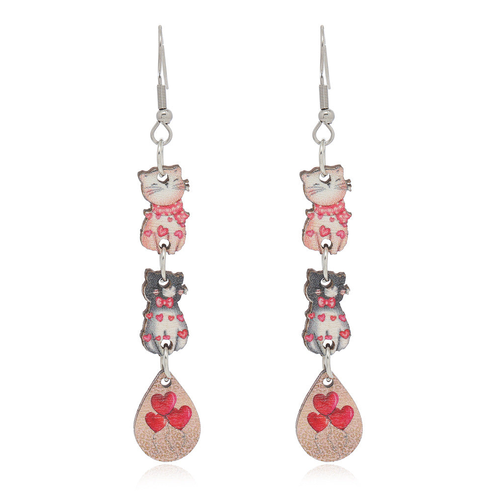 Wholesale Valentine's Day Printed Kitten Water Droplets Wooden Earrings