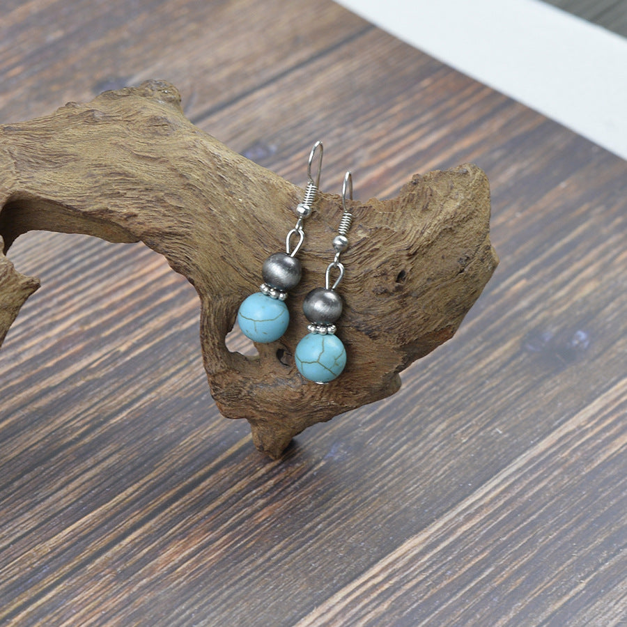 Wholesale Boho Turquoise Necklace Earrings Set Geometric Antique Silver Beaded Jewelry Trendy Fashion Accessory For Gift Resale