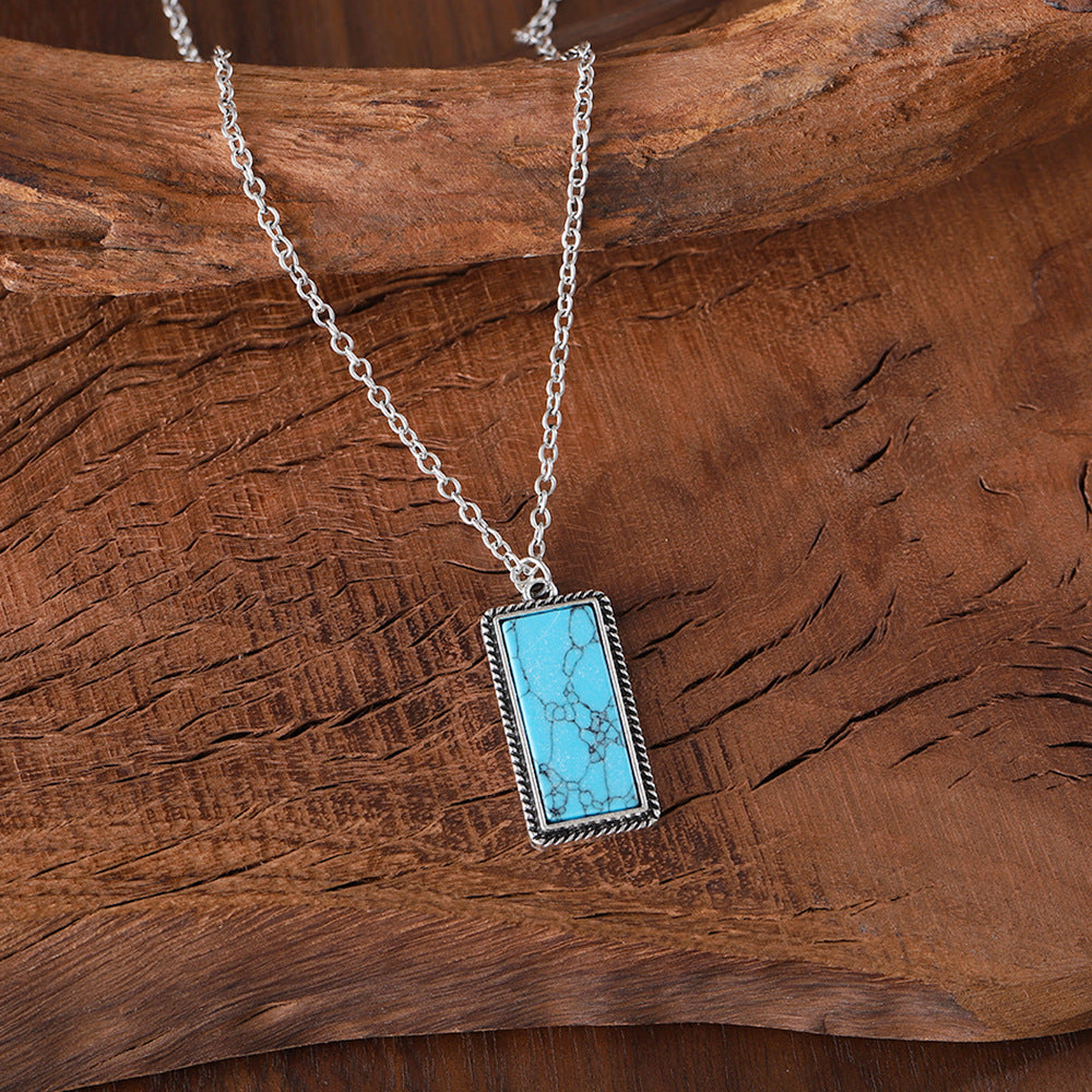 Wholesale Bohemian Inlaid Rectangular Turquoise Geometric Pendant Earrings Necklace Set