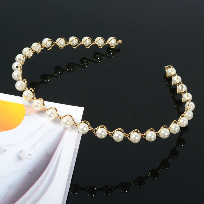 Wholesale Hand-woven imitation pearl headband wrapped headband bridal hair accessories crown bow versatile hairpin female