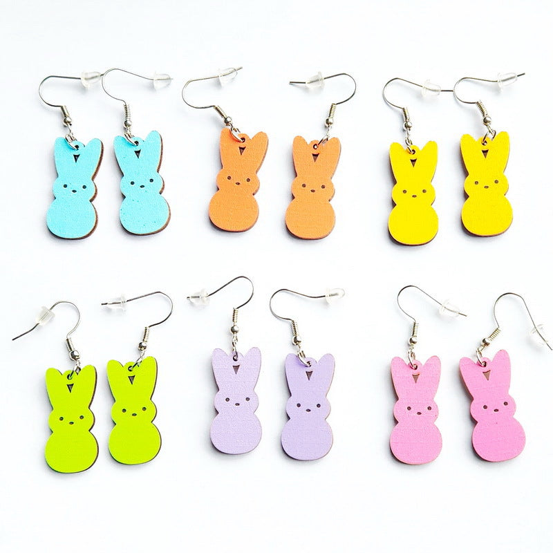 Wholesale Easter Wooden Candy Colorful Cute Rabbit Earrings