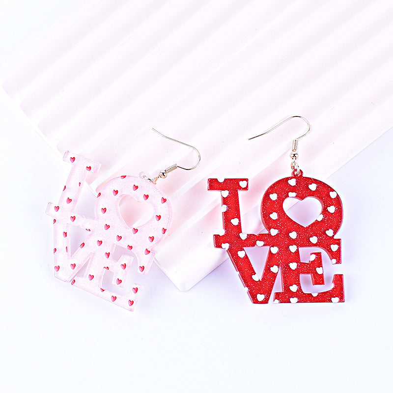 Wholesale Valentine's Day Love Red Pink Glitter Love English Letter Party Gift Earrings