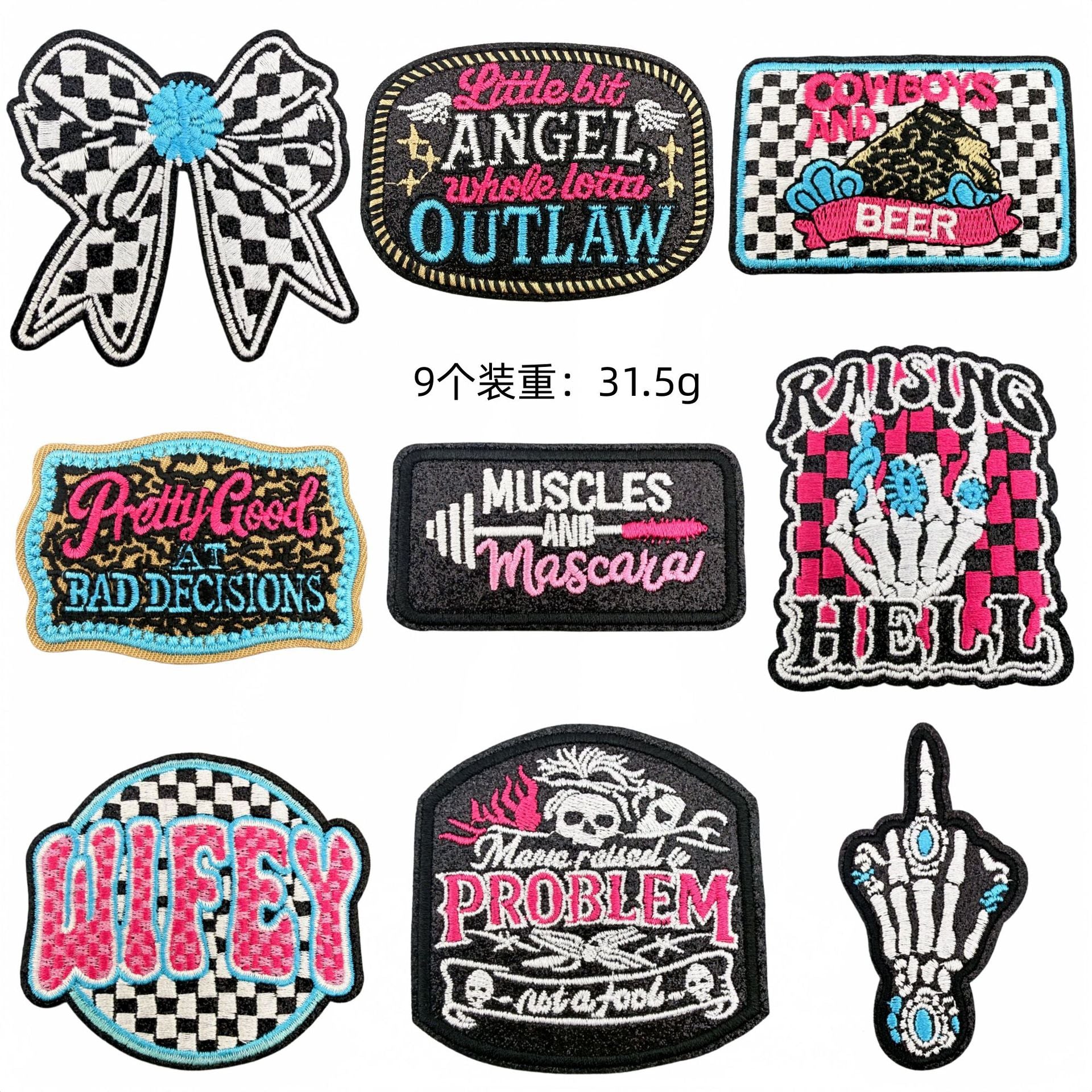 Wholesale Chic Embroidered Patch Set Of 18 Polyester Thread Cowboy Skull Bow Checkerboard DIY Craft Supply For Clothing Decoration
