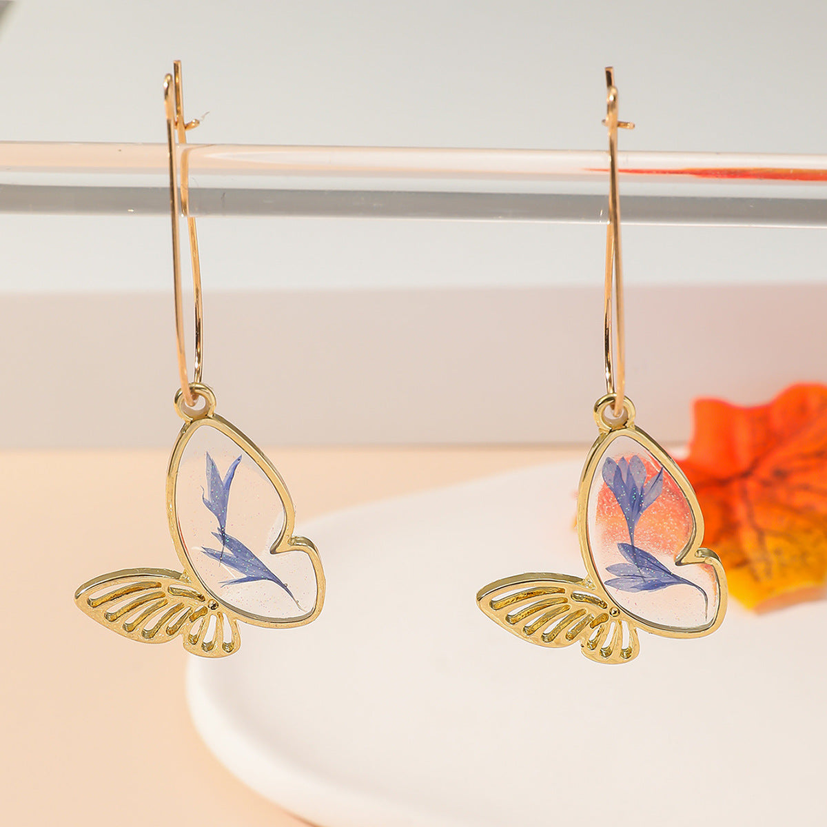 Wholesale Fashion Dried Flower Epoxy Butterfly Earrings