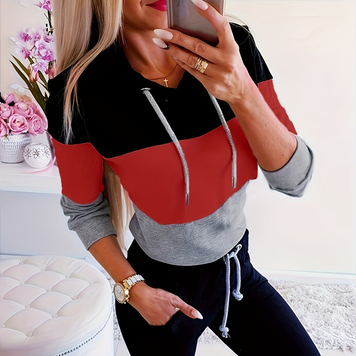 Wholesale Color Block Hooded Loose Long Sleeve Top Spring and Autumn Women's Sweatshirt Jacket