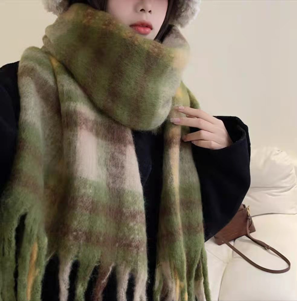 Wholesale rainbow plaid fringed mohair thickened scarf