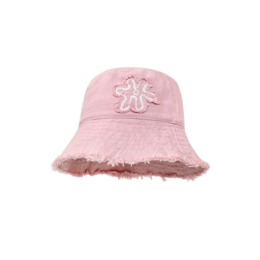 Wholesale Flower Embroidered Raw Edge Thin Bucket Hat