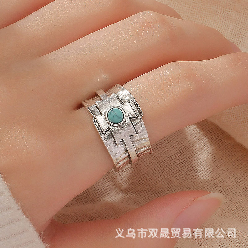 Wholesale Vintage Alloy Inlaid Turquoise Wide-rim Open Ring