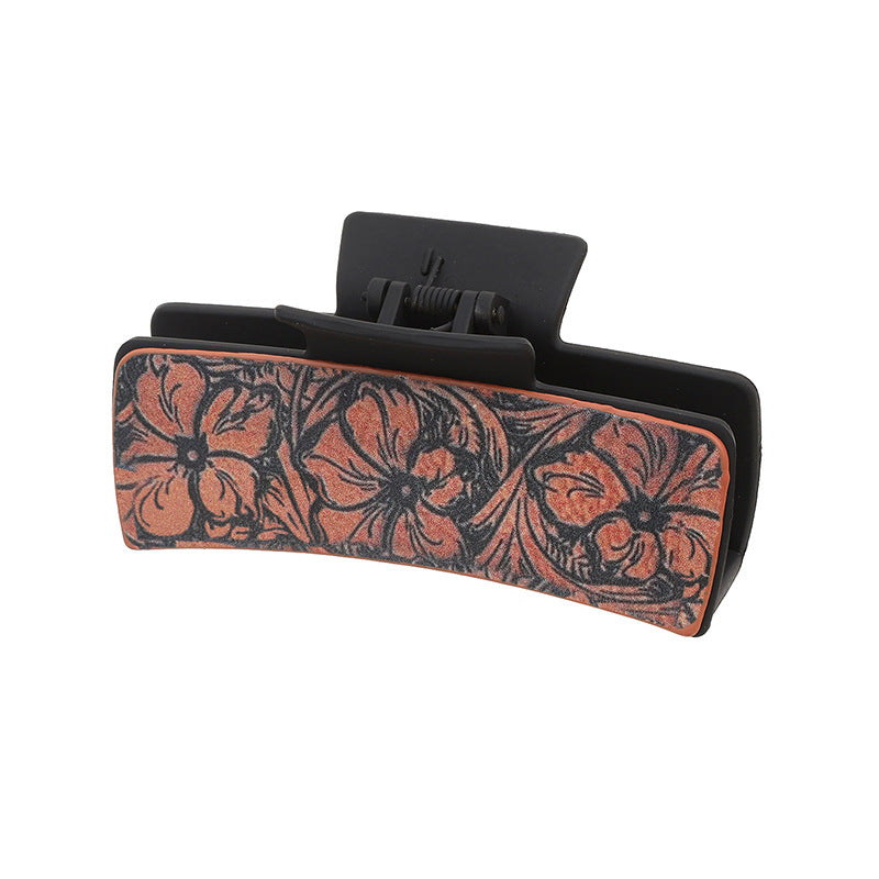 Wholesale Western Cowboy Vintage Leather Claw Clip Hair Accessory Handmade Sunflower Print Everyday Styling Gift