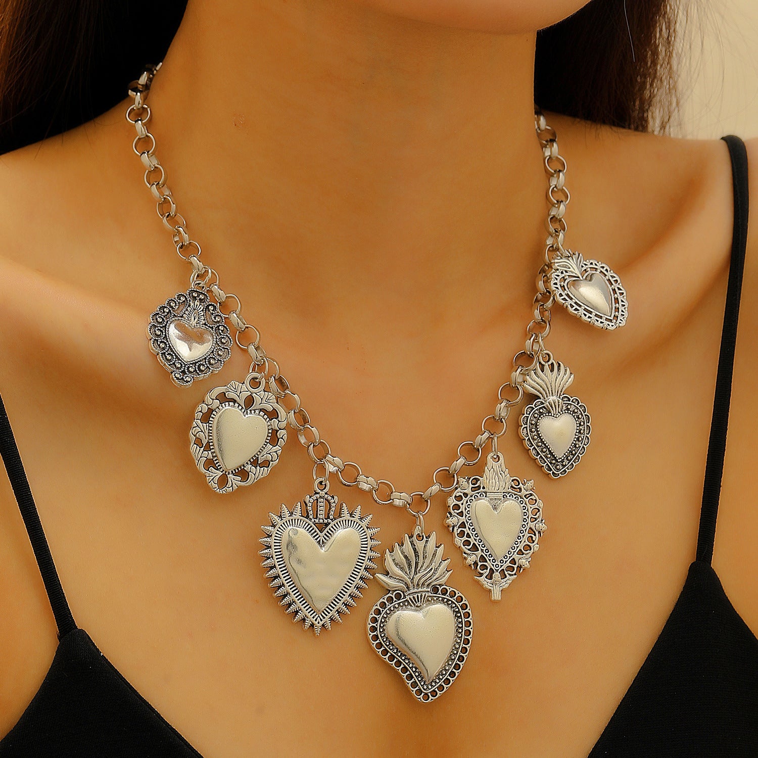 Wholesale Silver Multiple Sacred Heart Love Necklace