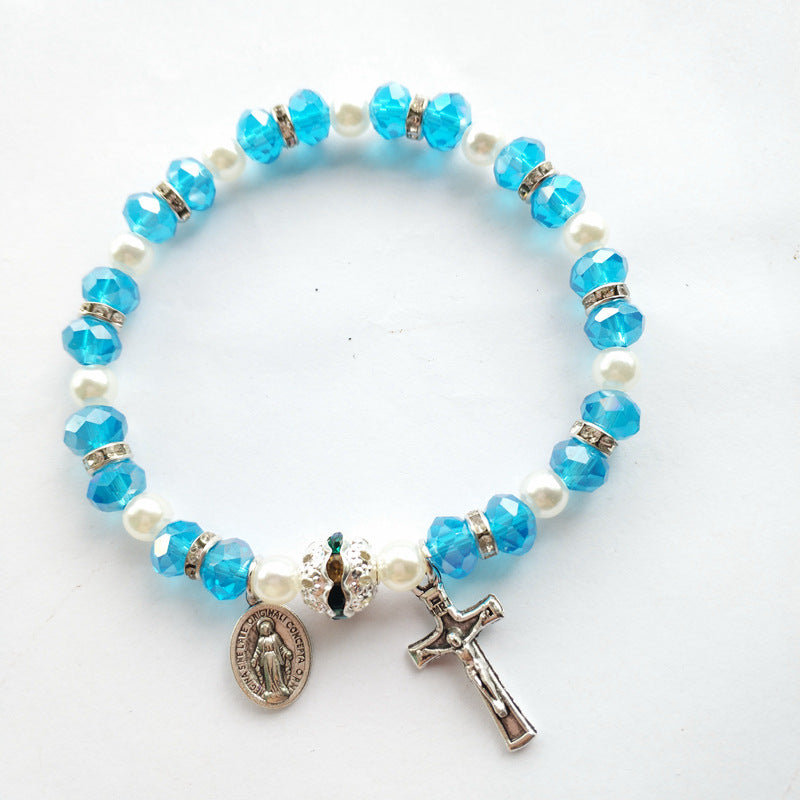 Wholesale Alloy Cross Crystal Girls Elastic Beaded Bracelet