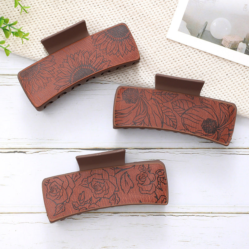 Wholesale Western Retro PU Leather Shark Hair Clip With Sunflower Print Minimalist Women S Hair Accessory Everyday Styling And Boutique Resale